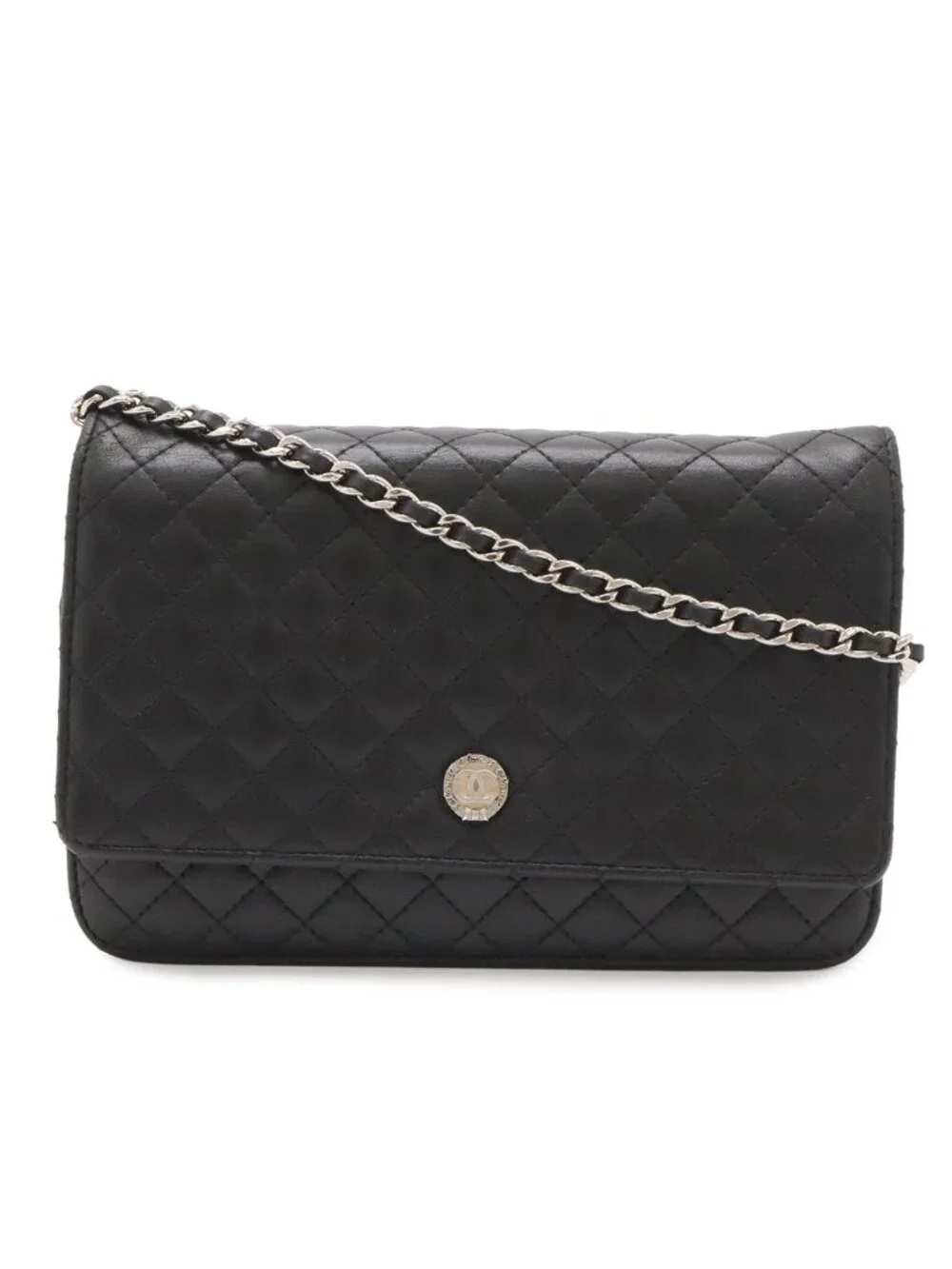Chanel Micro Quilted Chain Wallet Shoulder Bag Pochette Leather Black Silver